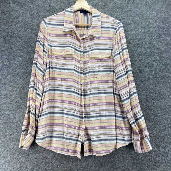 Tommy Hilfiger Shirt Women M Medium Beige Striped Button Up Collared Long Sleeve - Picture 1 of 7